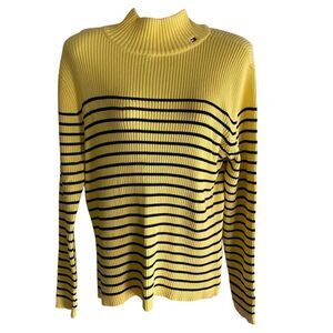 Tommy Hilfiger Sweater Womens Large Yellow Black Striped Ribbed Pullover Cotton